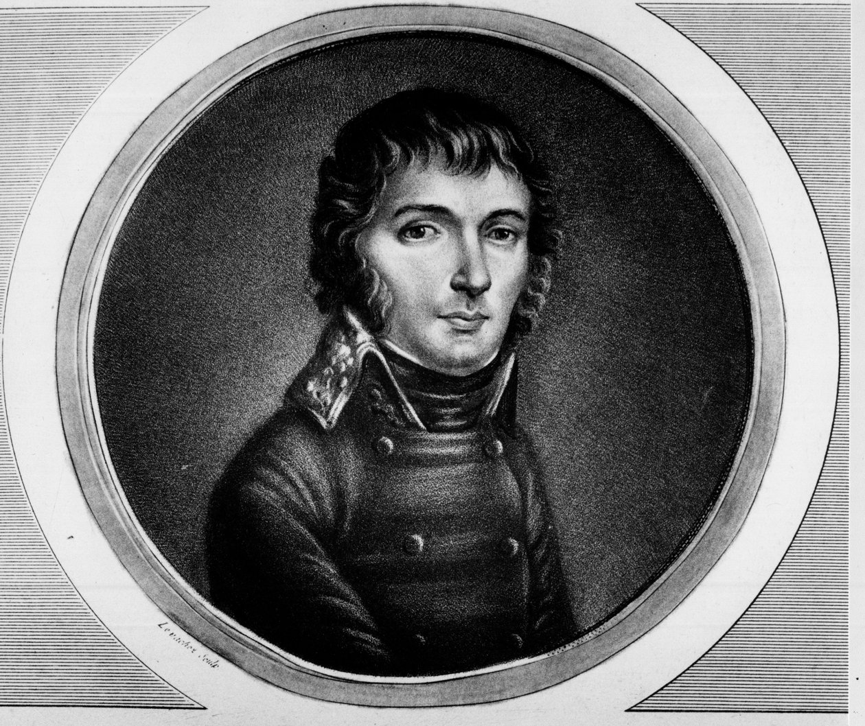 イタリア軍の将軍バルテルミー・ジュベール（1769 - 1799）の肖像。フランス革命の歴史的絵画全集（全3巻）」に掲載されたエングレーヴィング。1804. 作： 無名の画家