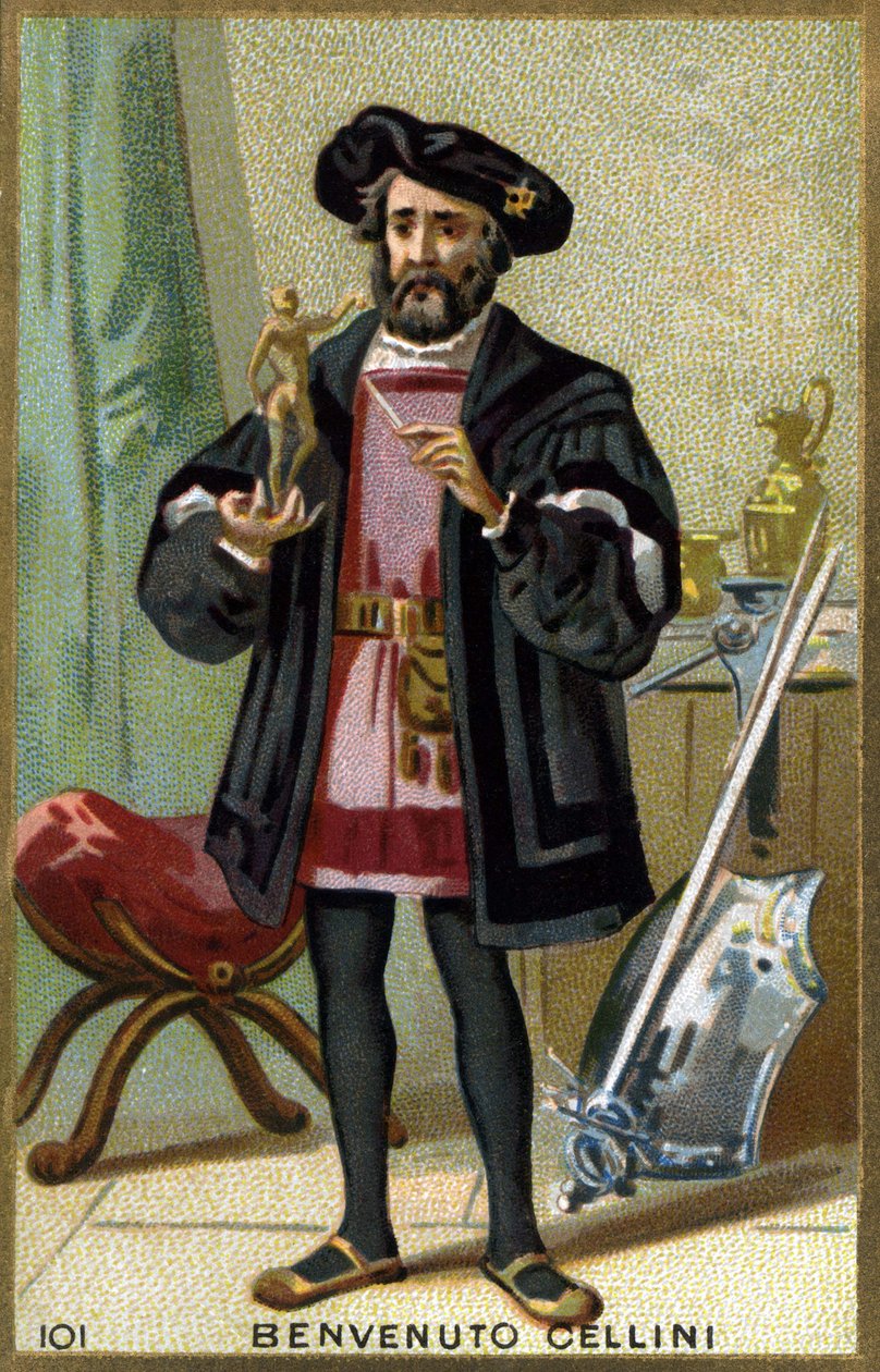 イタリアの金細工師・彫刻家、ベンヴェヌート・チェッリーニ（1500 - 1571）の肖像。19世紀のクロモリトグラフ。 作： 無名の画家