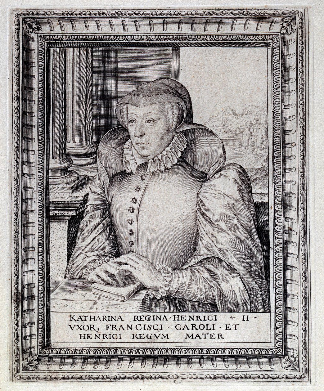 フランス王妃カトリーヌ・ド・メディシス（カテリーナ・ド・メディチ）（1519-1589）の肖像。16世紀のエングレーヴィング。ポー、シャトー美術館 作： 無名の画家
