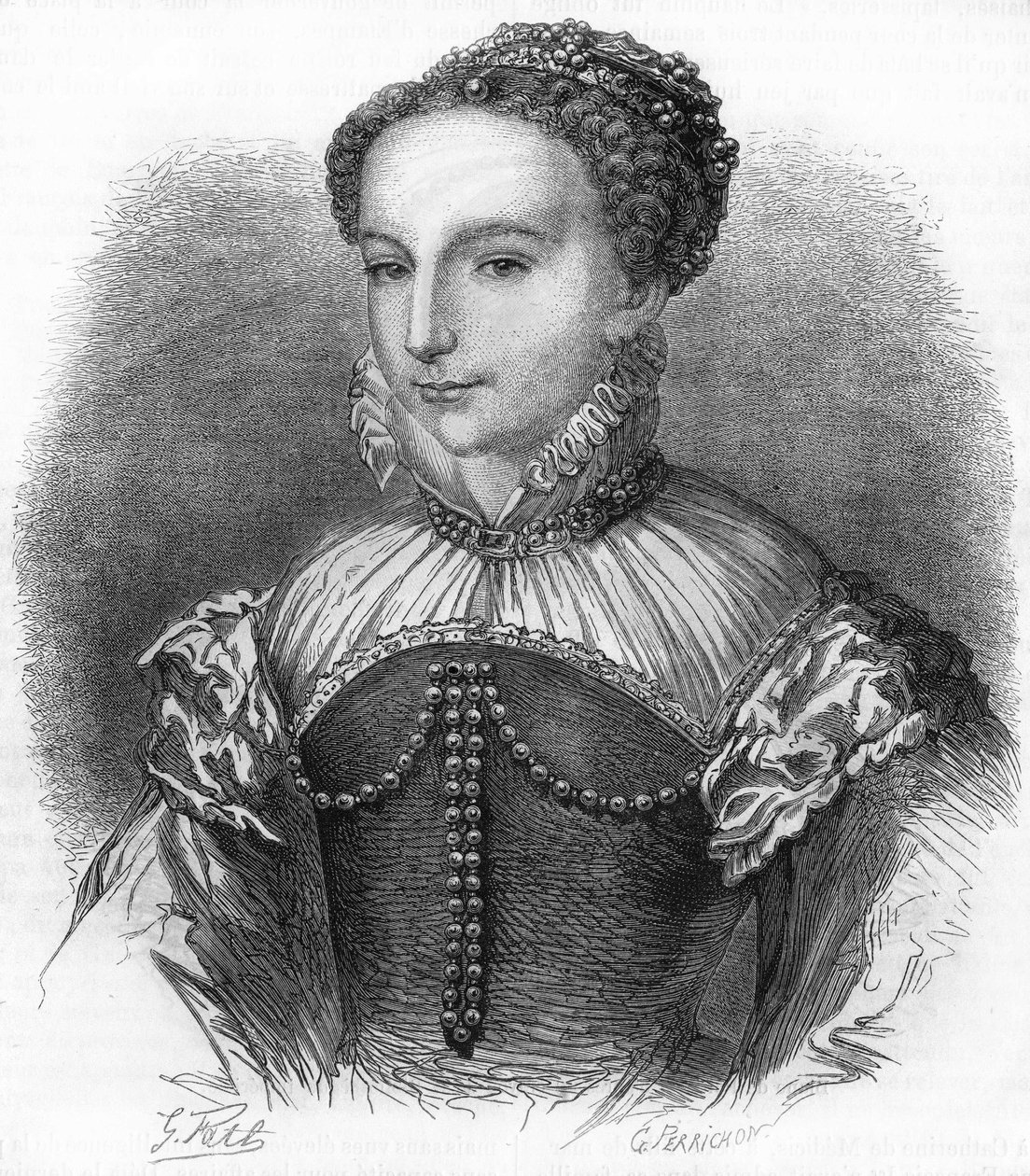 フランス王アンリ2世の妻、カトリーヌ・ド・メディシス（カテリーナ・ド・メディチ）（1519-1589）の肖像。19世紀のエングレーヴィング。 作： 無名の画家
