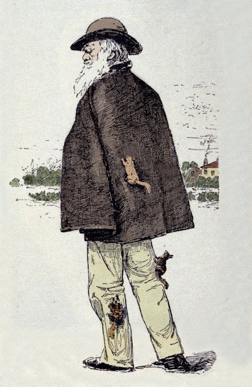 リスと遊ぶチャールズ・ダーウィン（1809-1882）の肖像。 作： 無名の画家