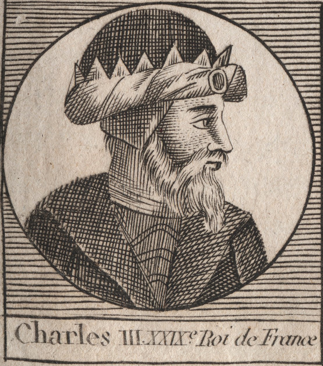 シャルル3世の肖像 - CHARLES III (879-929) - Charles the Simple - King of France, 893-923 - engraving from "Instruction sur l