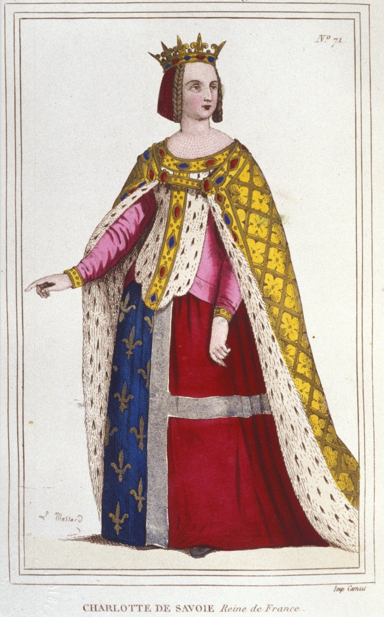 シャルロット・ド・サヴォワの肖像 1445 -1483 1461年から1483年までフランスの女王 1451年にルイ11世（ル・プルーデント）の花嫁 1830年の彫刻 作： 無名の画家