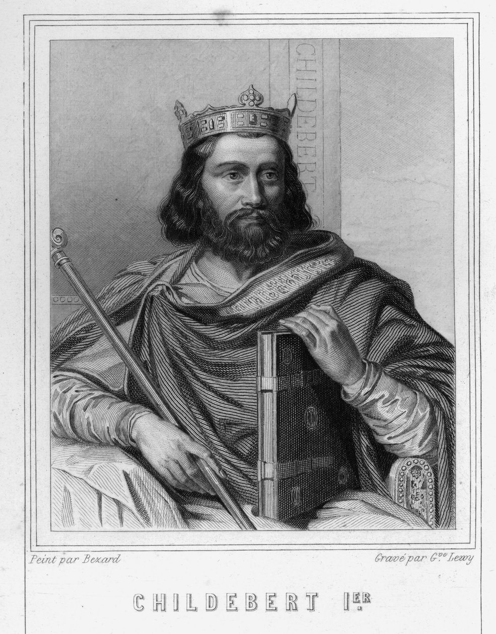 パリ王チルデベール1世（495年頃～558年頃）の肖像 - ラヴァレの『フランス史』に掲載されている彫刻、sd. 作： 無名の画家