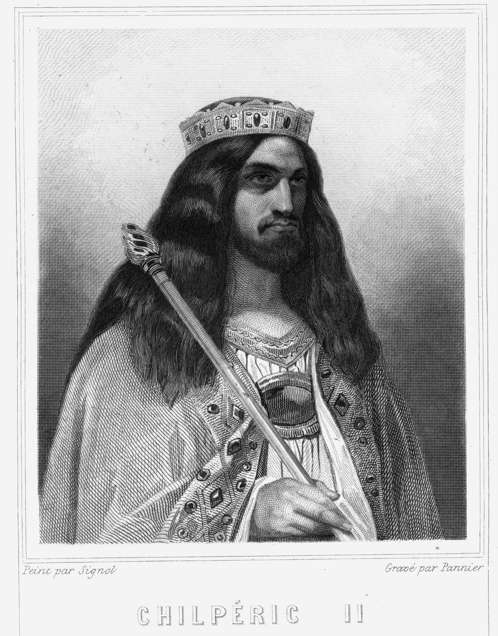 ネウストリア王チルデリック3世（v.670-721）の肖像 - ラヴァレの『フランス史』に掲載されている、エングレーヴィング、sd. 作： 無名の画家