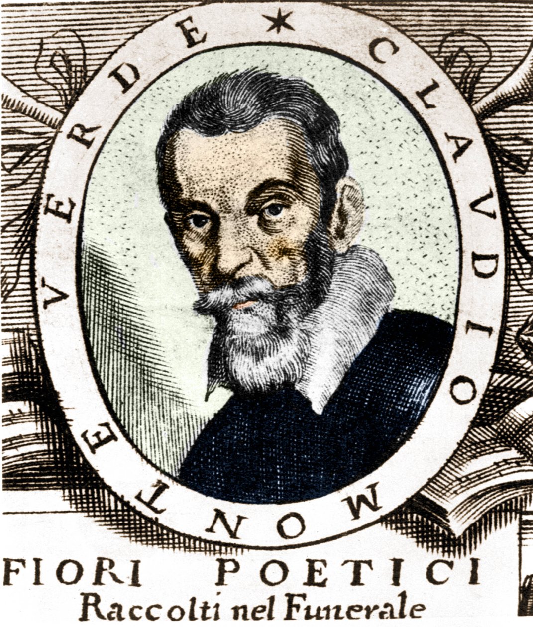 クラウディオ・モンテヴェルディの肖像は、1644年にヴェネツィアで出版された『Fiori poetici raccolti nel funerale del molto illustrious e molto reverendo Signor Claudio Monteverdi』の扉に描かれたものです。 作： 無名の画家