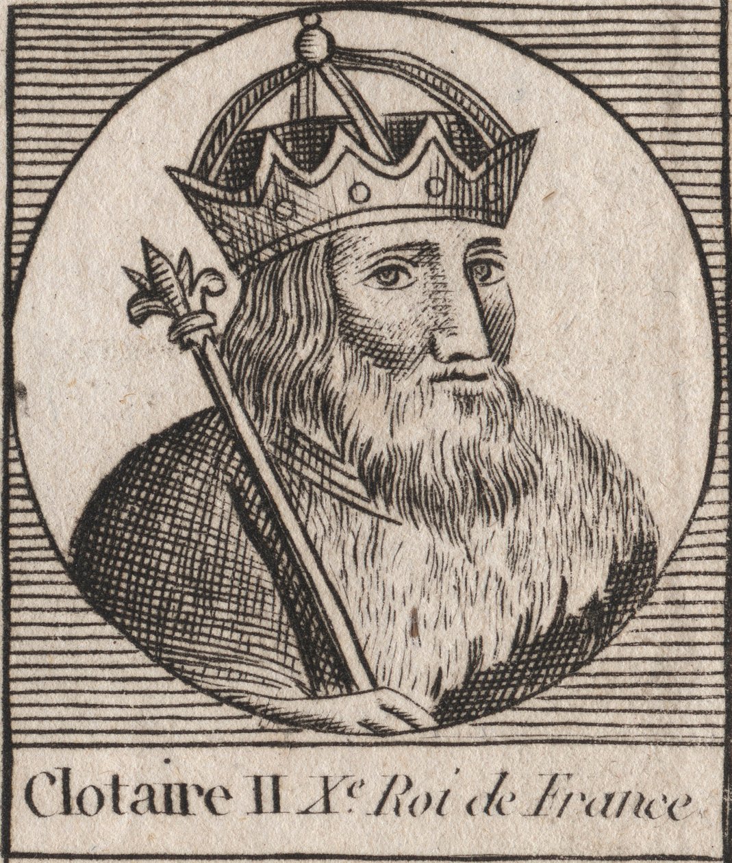 Neustriaの王であり、フランク王国の王であったクロテール2世（584 - 628）の肖像 - Clotaire or Chlotar II (d.629) King of Franks - Charles Constant Le Tellier 1821の "Instruction sur l