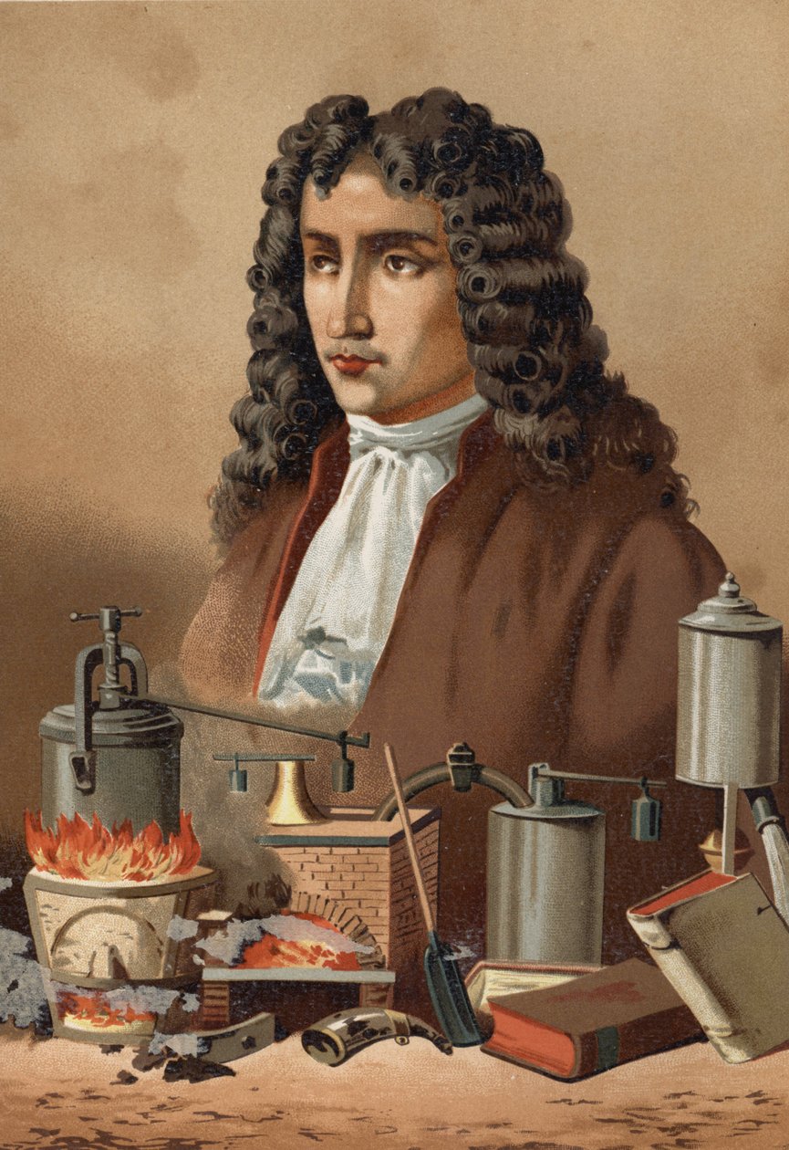 ルイ・フィギエの「La Ciencia y sus Hombres」より、ドゥニ・パパン（1647 - 1714）の肖像。バルセロナ 1881年 作： 無名の画家