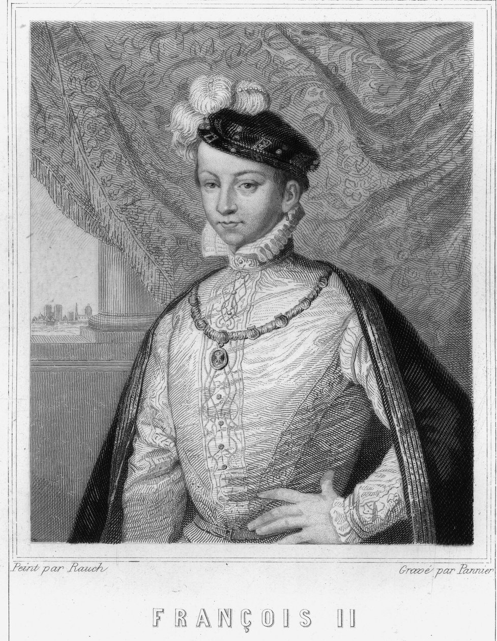 フランス王フランソワ2世（1544～1560年）の肖像 - ラヴァレの『フランス史』に掲載、エングレーヴィング、SD。 作： 無名の画家