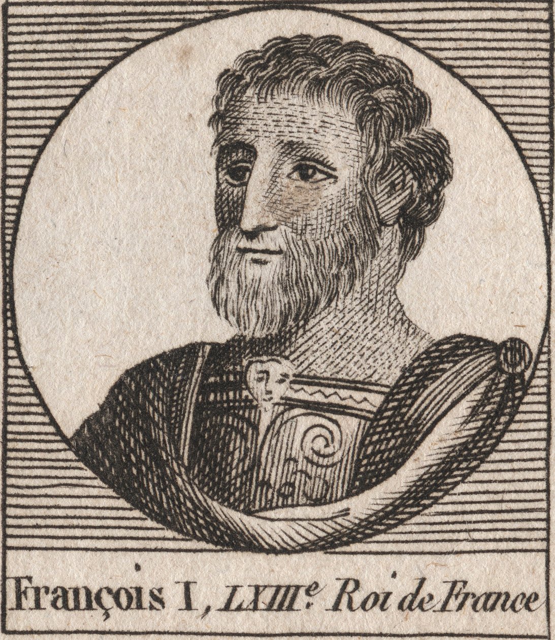 フランス王フランソワ1世（1494 - 1547）の肖像 - フランソワ1世、フランス王 - シャルル・コンスタント・ル・テリエによる「フランス史に関する教本」1821年の刻印 作： 無名の画家