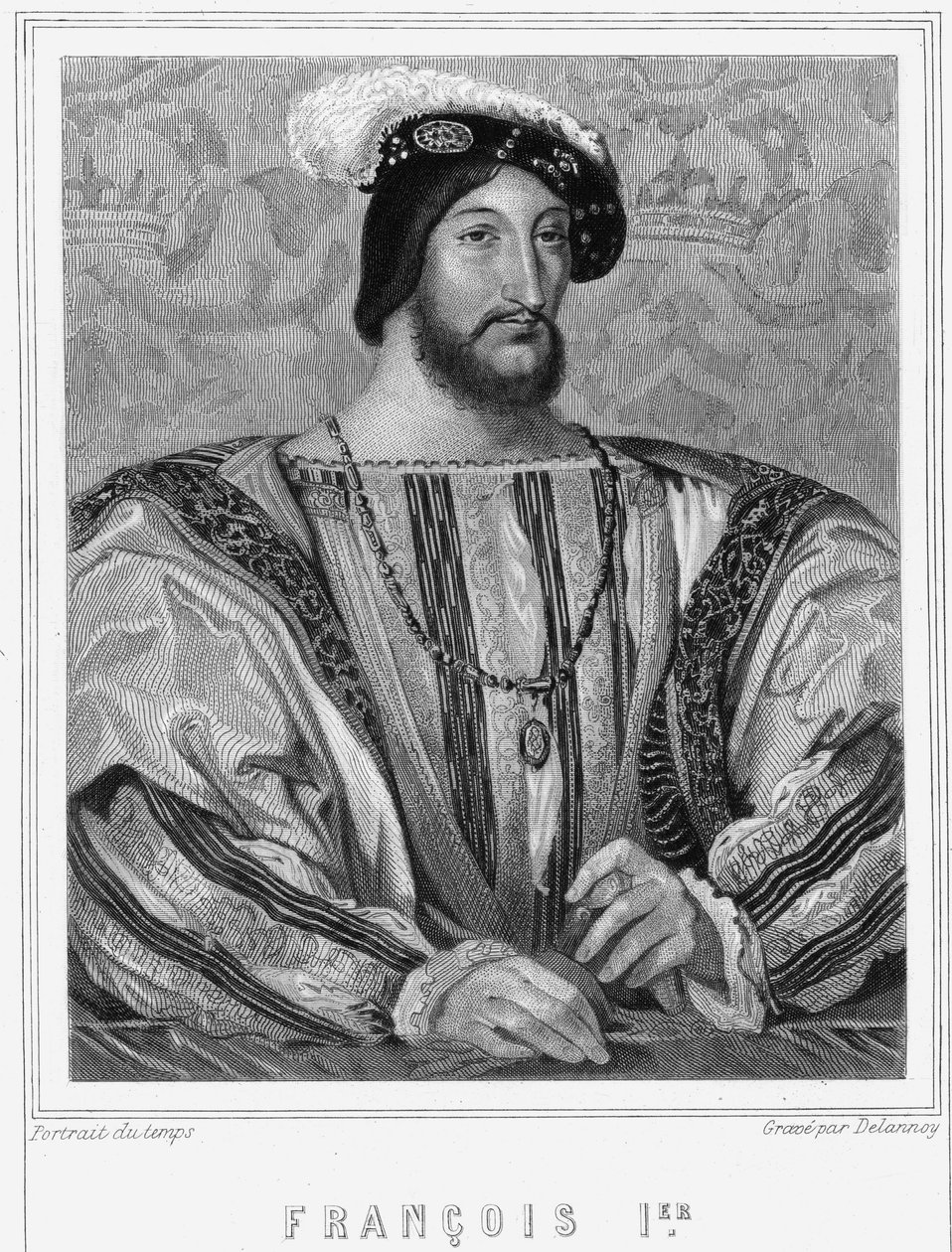 フランス王フランソワ1世（1494-1547）の肖像-ラヴァレの『フランス史』所収、エングレーヴィング、SD。 作： 無名の画家