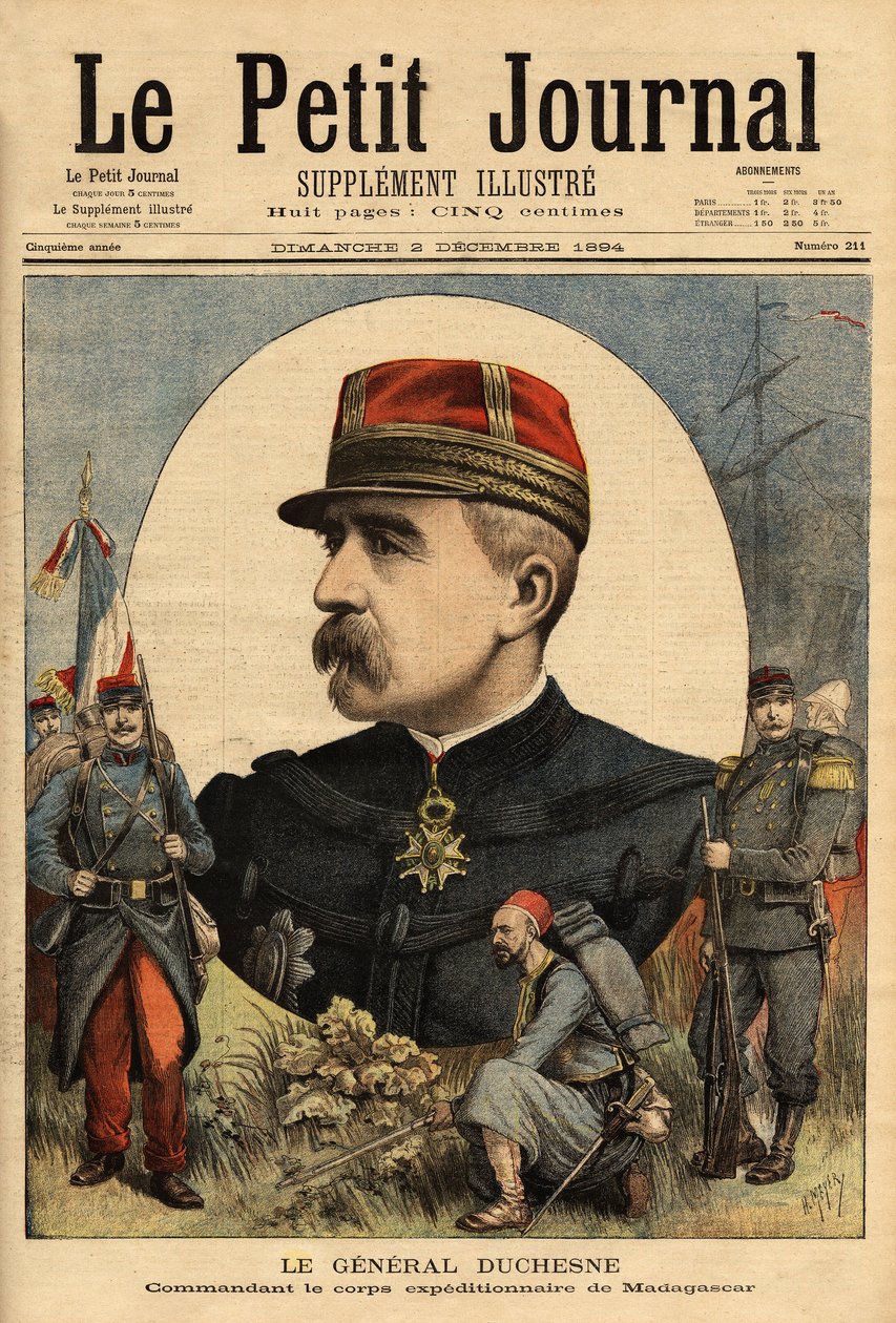 1894年にマダガスカルに派遣され、タナナリヴを占領した軍の司令官、ジャック・シャルル・デュシェンヌ将軍（1837-1918）の肖像。1894年3月12日の「Le petit journal」誌に掲載された版画。セルバのコレクション。 作： 無名の画家
