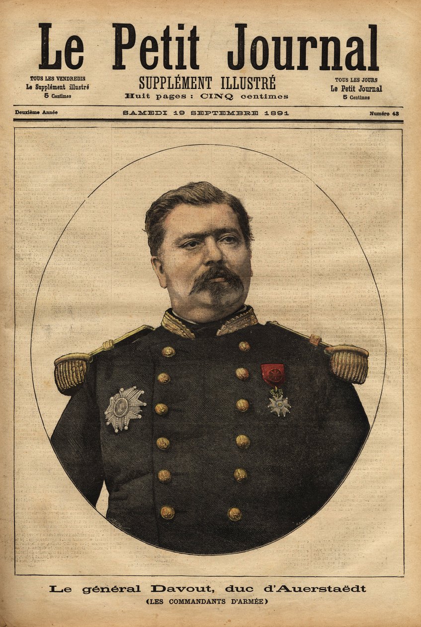 ナポレオン3世（1808-1873）の普仏戦争（1870）の惨禍に参加したフランス軍参謀総長、レオポルド・ダヴォー将軍（アウエルシュテット公爵、1829-1904）の肖像。1891年9月17日付の「Le petit journal」に掲載されたエングレーヴィング。セルバのC 作： 無名の画家