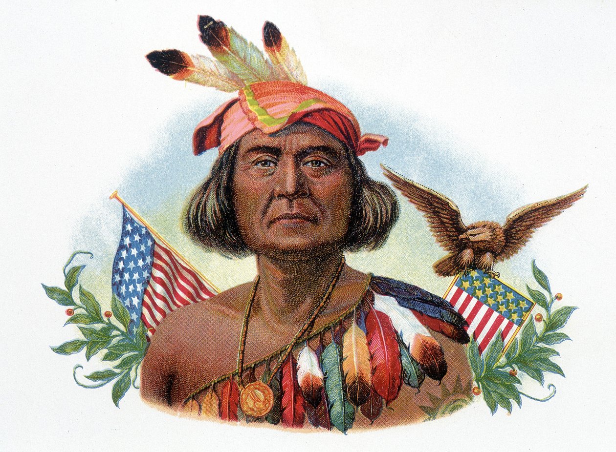 アメリカ国旗の前でアパッチ族のシェフ、ジェロニモの肖像。19世紀のクロモリトグラフ。 作： 無名の画家