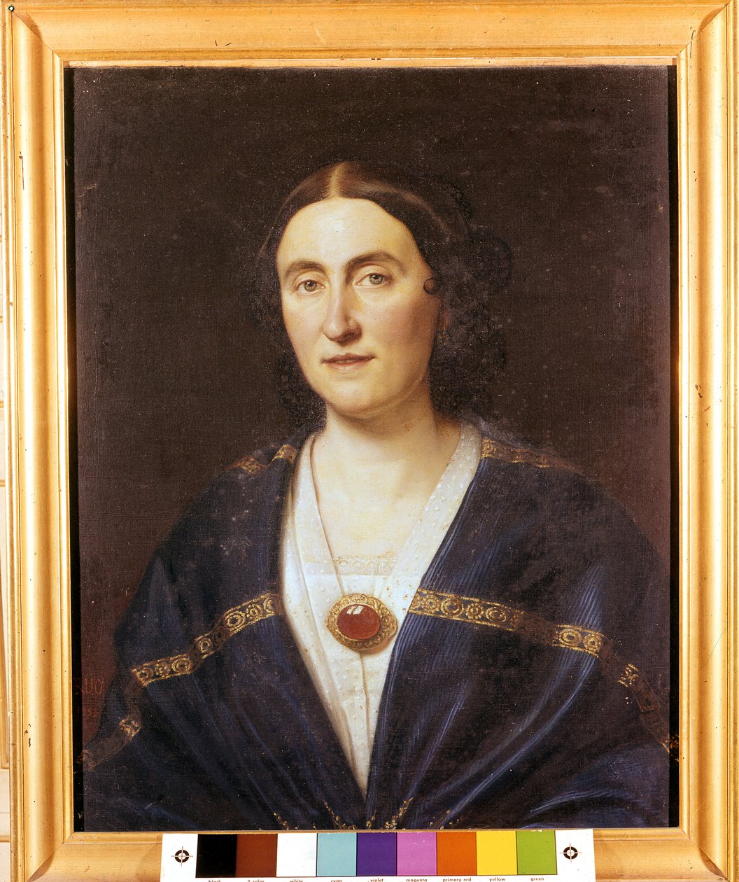 ソプラノ歌手でジュゼッペ・ヴェルディの妻であったジュゼッピーナ・ストレッポーニ（1815-1897）の肖像」匿名の絵画。1850年頃。サンタアガタ・ディ・ビラノバ・スルアルダ、ヴィラ・ヴェルディ 作： 無名の画家