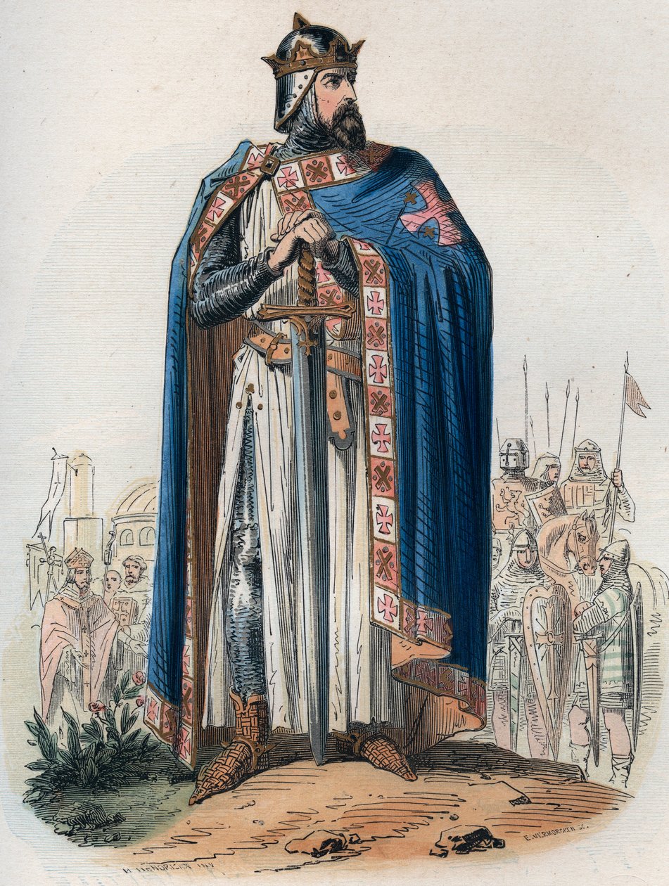 クロススーツを着たゴデフロイ・ド・ブイヨン（1061-1100）の肖像。テオドール・ジュスト（1818-1888）の「原始時代からレオポルド1世の時代の終わりまでのベルギーの歴史」に掲載された1868年の版画。個人蔵。 作： 無名の画家