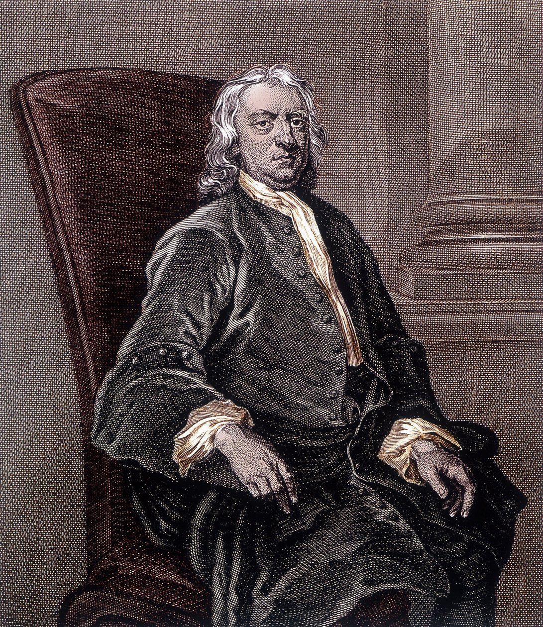 肘掛け椅子に座るアイザック・ニュートンの肖像 - エングレーヴィング