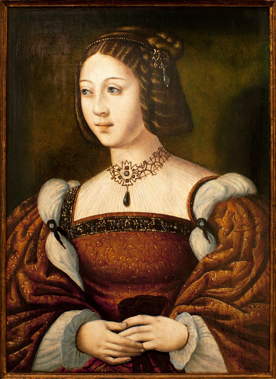 イザベラ・オブ・ポルトガル（1503-1539）の肖像 - 無名の巨匠の絵画 sd1526年頃 木に油彩 40×29cm 16世紀中頃（イザベラ・オブ・ポルトガルの肖像、無名の巨匠による、パネルに油彩、16世紀中頃） - アン美術館 作： 無名の画家