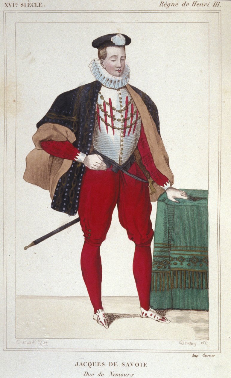 1533年から1585年までジュネーヴ伯爵、ヌムール公爵であったジャック・ド・サヴォワ・ヌムール（1531-1585）の肖像。1830年のエングレーヴィング。 作： 無名の画家