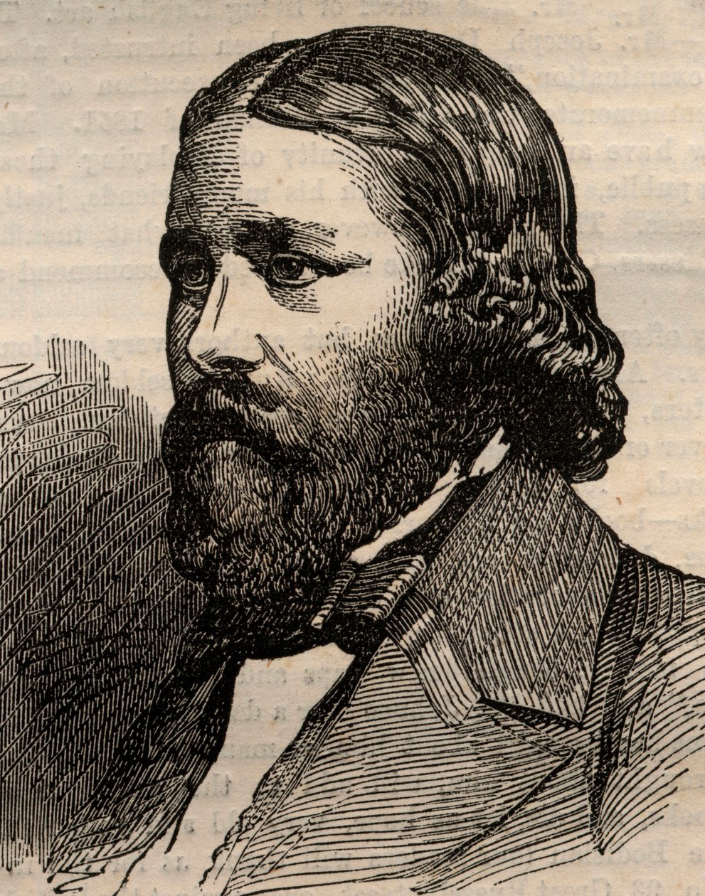 アメリカの詩人、ジェームズ・ラッセル・ローウェル（1819-1891）の肖像。1858年3月20日の「The illustrated London News」に掲載された版画。 作： 無名の画家