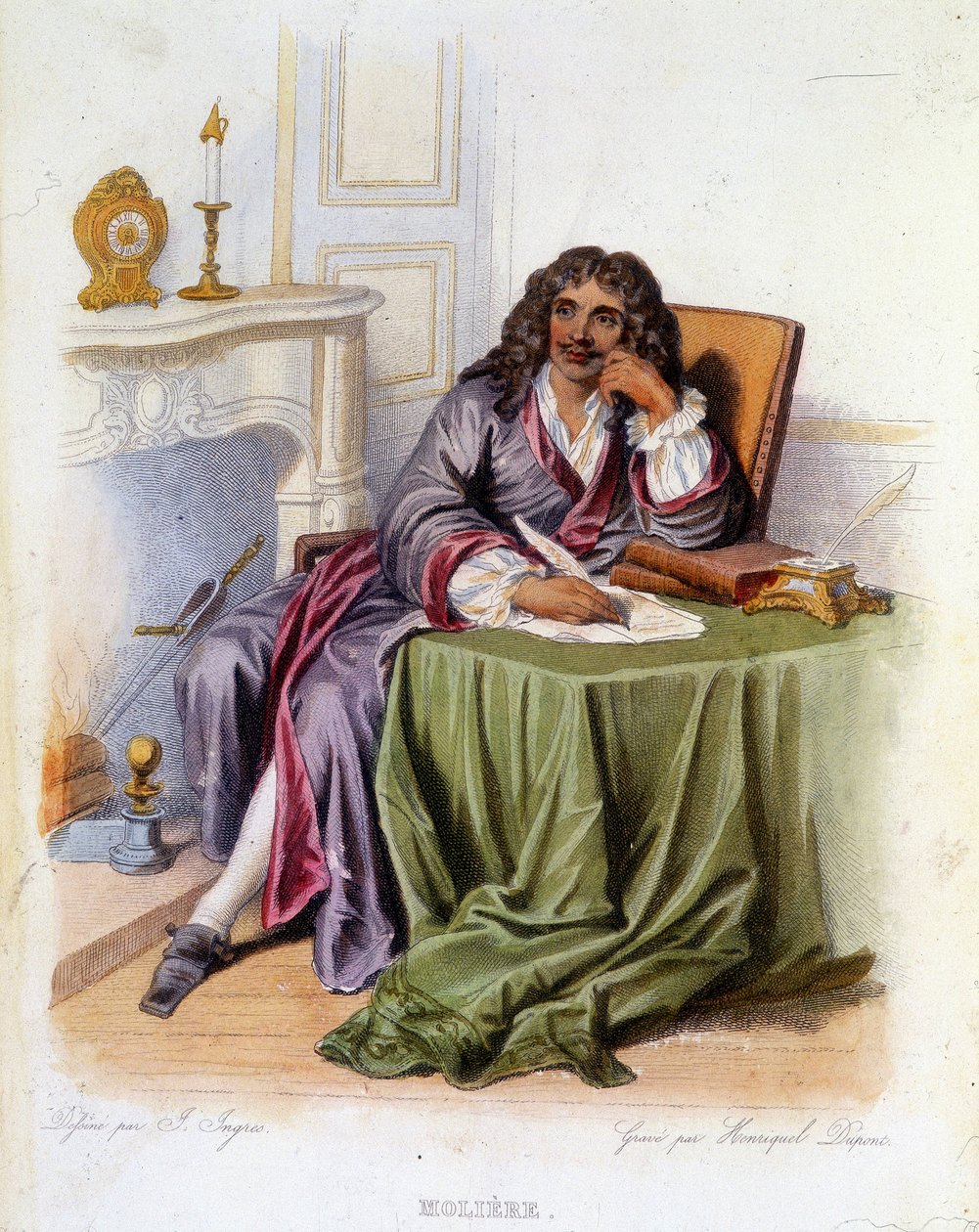 フランスの劇作家・俳優であるジャン＝バティスト・ポケリン・ディット・モリエール（1622-1673年）の肖像-「Le Plutarque francais」（Ed.Mennechet 作： 無名の画家