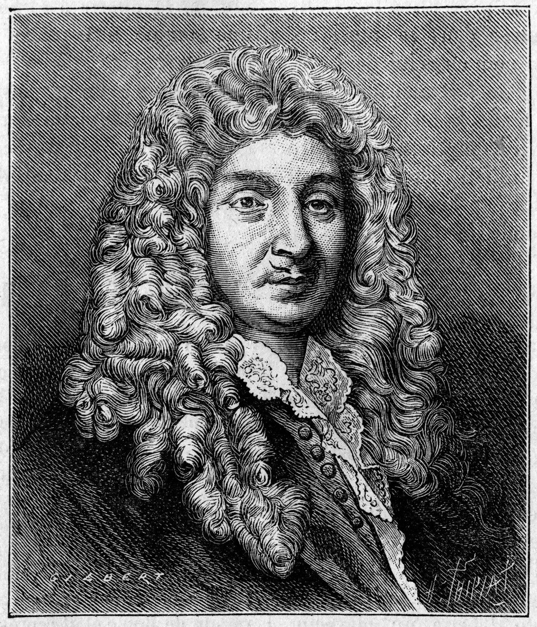 イタリア系フランス人作曲家、ジャン・バティスト・リュリ（ジョヴァンニ・バッティスタ・リュリ）（1632-1687）の肖像。当時のエングレーヴィングより。1887年5月7日の「La Nature: revue des sciences et de leurs applications aux arts et a l