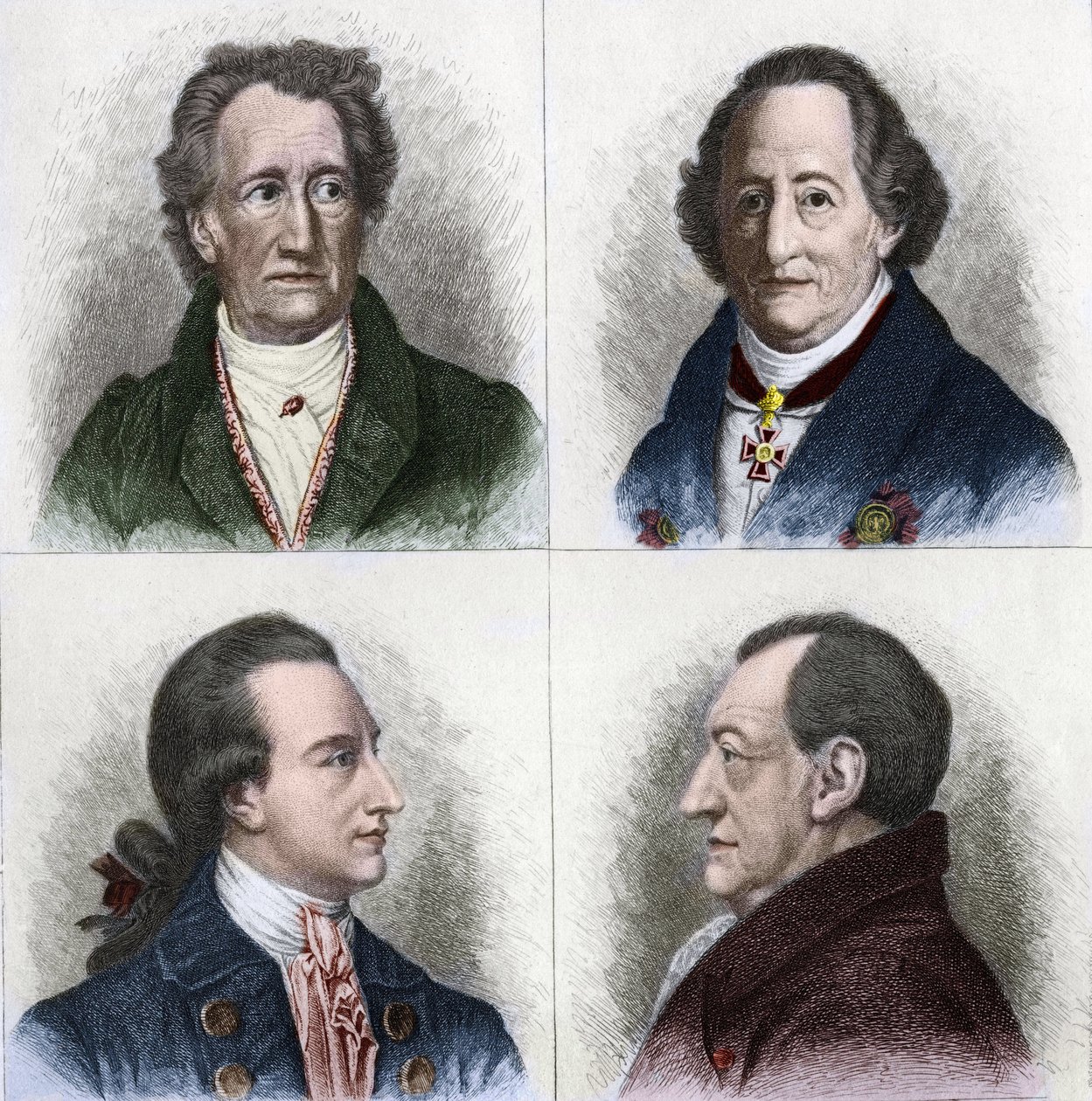 ドイツの作家、ヨハン・ヴォルフガング・ゲーテ（1749 - 1832）のポートレートで、人生の様々な年代が描かれています。19世紀のエングレーヴィング。 作： 無名の画家