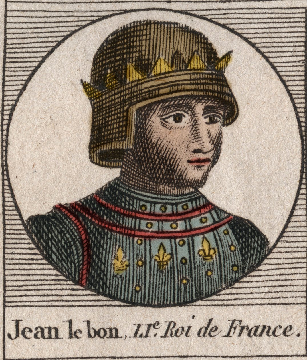 善良なジョン2世（1319-1364）フランス王の肖像 - 「善良な」ジョン2世（1319-64）フランス王の肖像 - シャルル・コンスタント・ル・テリエ1821年の「フランス史に関する指南書」からのエングレービング 作： 無名の画家