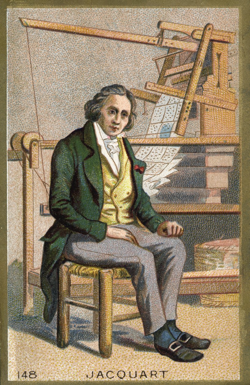 自動織機の前に立つフランスの機械工、ジョセフ・マリー・ジャカール（1752-1834）の肖像。 作： 無名の画家