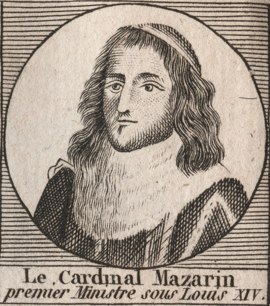 ルイ14世の下で首相を務めたマザラン枢機卿として知られるジュール・マザラン（1602-1661）の肖像 - マザラン枢機卿はルイ14世の主席大臣を務めた - シャルル・コンスタント・ル・テリエの「フランス史に関する指南書」1821年のエングレービング 作： 無名の画家