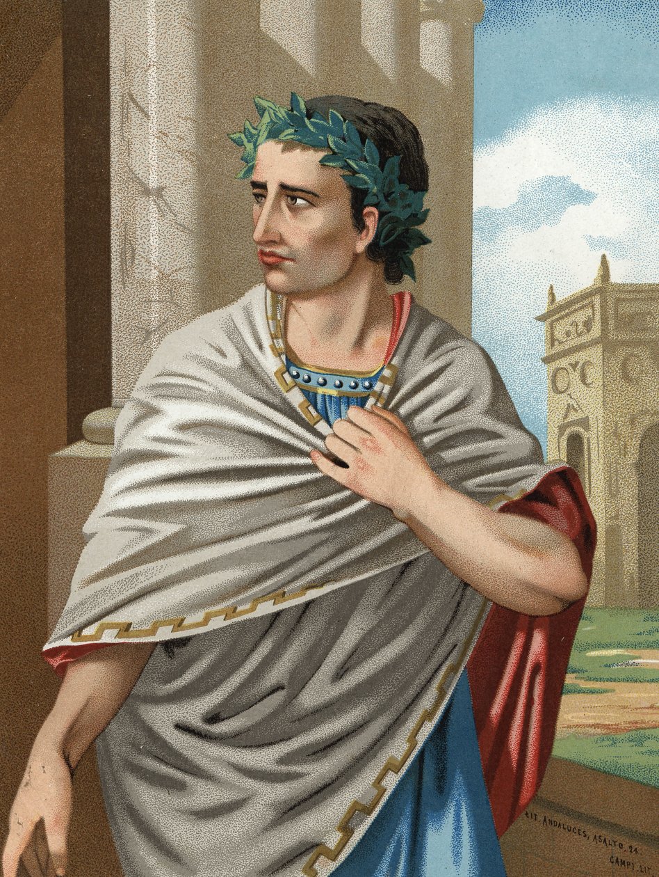 ラテン語で書かれたユリウス・カエサルの肖像 Caius Julius Caesar 政治家、ローマの将軍（ローマ、v.101からId.、前44年）。バルセロナ 1877年 作： 無名の画家