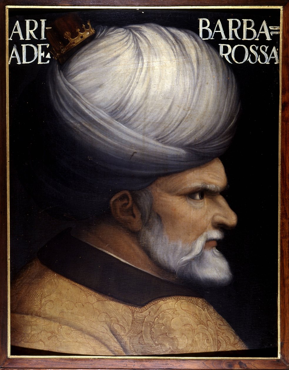 Khayr Al-Din Barberousse (1476 -1546)の肖像。彼は兄とともにアルジェの摂政を築き、オスマン・スルタンの家臣であり、シャルル5世に対するフランスの同盟者でもあった。フィレンツェのウフィツィ美術館。 作： 無名の画家