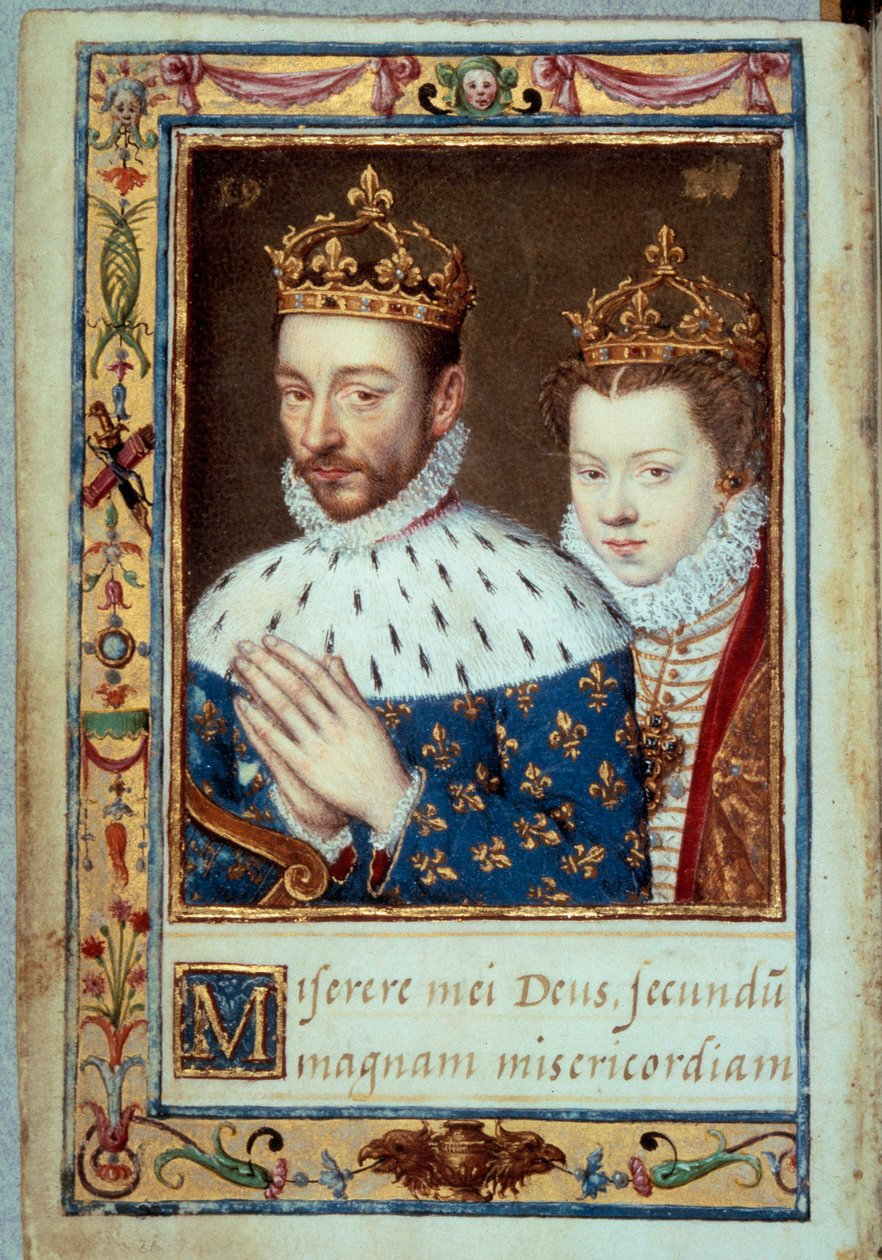 国王シャルル9世（1550-1574）とオーストリア王妃エリザベス（1554-1592）の肖像 フランスの「カトリーヌ・ド・メディシスの時祷書」（カテリーナ・ド・メディチ）の手稿ページ 16世紀 パリ、B.N. 作： 無名の画家