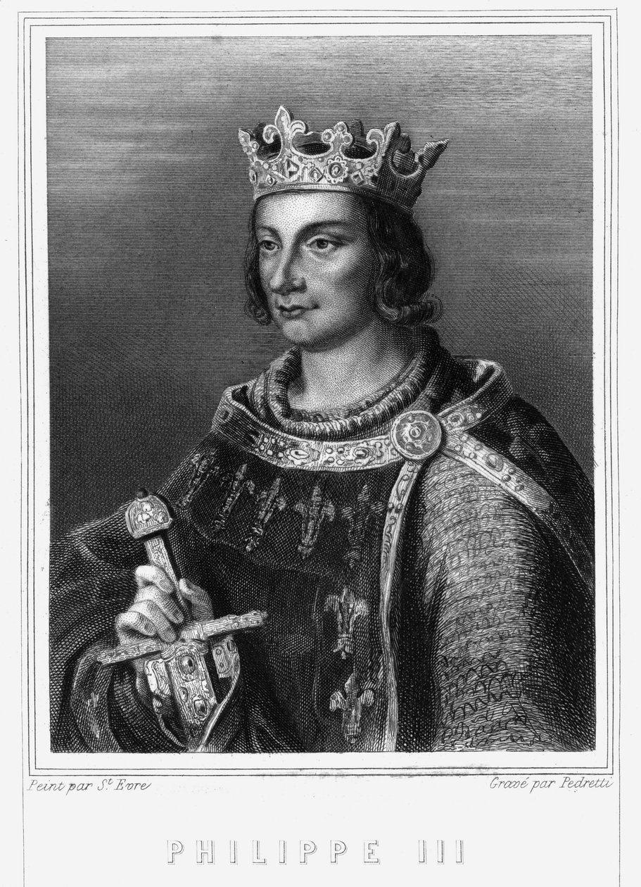 フィリップ・ザ・ハーディとして知られるフランス王フィリップ3世（1245年〜1285年）の肖像（カペー朝）。フランス王フィリップ3世。フィリップ3世・ザ・ボールド（1245-1285） - ラヴァレ著「フランス史」に掲載、エングレーヴィング、sd. 作： 無名の画家