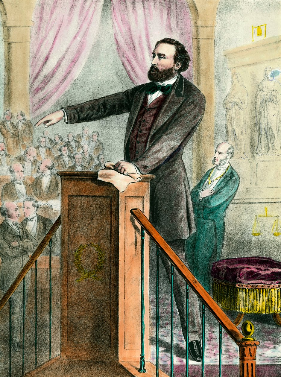 ギャラリーに飾られたレオン・ガンベッタ（1838 - 1882）の肖像。19世紀のエングレーヴィング。Coll.Go! 作： 無名の画家