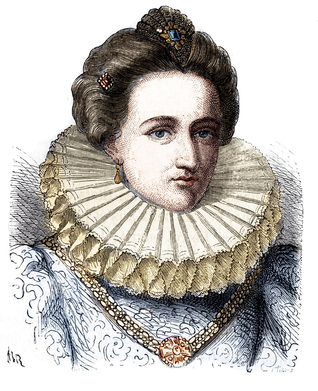 アンカーのマレシャール、ガリガイと呼ばれるレオノーラ・ドーリ（またはドシ）の肖像（1568-1617）。イチゴの首輪をつけている - アンリ・マルタン著「フランス大衆史」より 作： 無名の画家