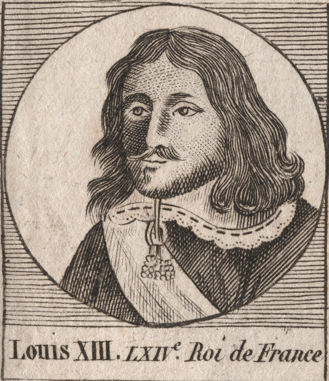 フランス王ルイ13世（1601-1643）の肖像 - 1610年から1643年までフランス王であったルイ13世 - シャルル・コンスタン・ル・テリエの「フランス史に関する教本」からの版画 1821年 作： 無名の画家