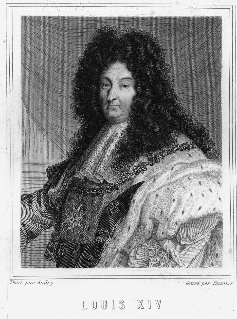 フランス王ルイ14世（1638年～1715年）の肖像-ラヴァレの『フランス史』に掲載、エングレーヴィング、sd. 作： 無名の画家