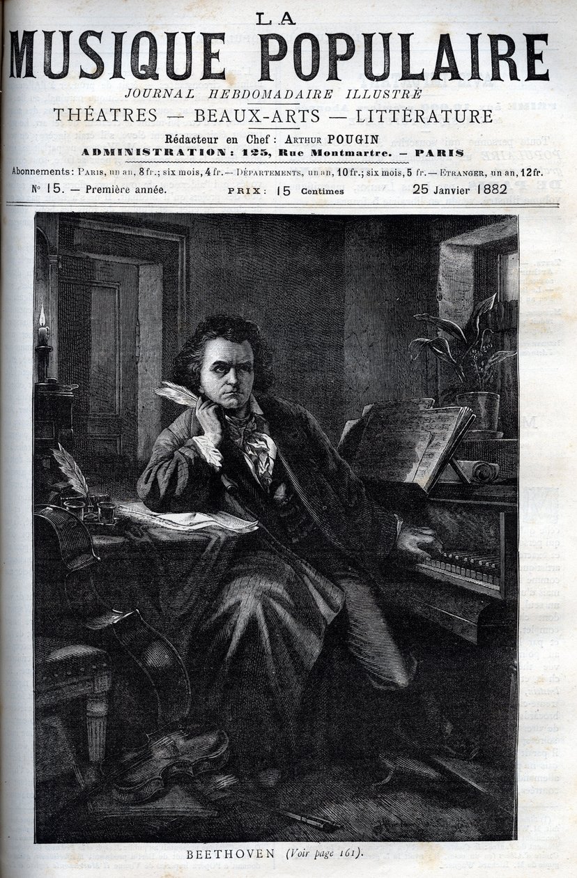 ドイツの作曲家・ピアニスト、ルートヴィヒ・ヴァン・ベートーヴェン（1770-1827）の肖像-著名な週刊新聞 "La musique populaire "に掲載された版画-1882年 作： 無名の画家
