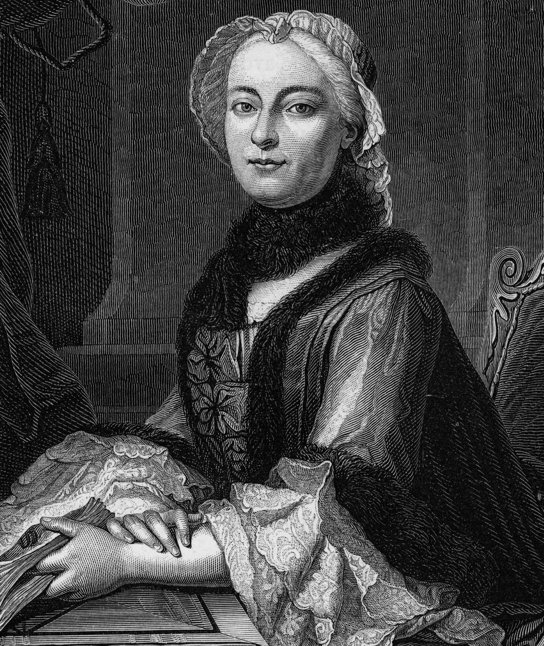 マダム・ジェフラン、旧姓マリー・テレーズ（Marie-Therese）ロデ（1699-1777）の肖像 - 1862年のエングレーヴィング、ジャン・ジェルマン・デザイア・アルマンドーの指揮の下で出版された本、最初の作家たちによる「世界の女王たち」の中で 作： 無名の画家