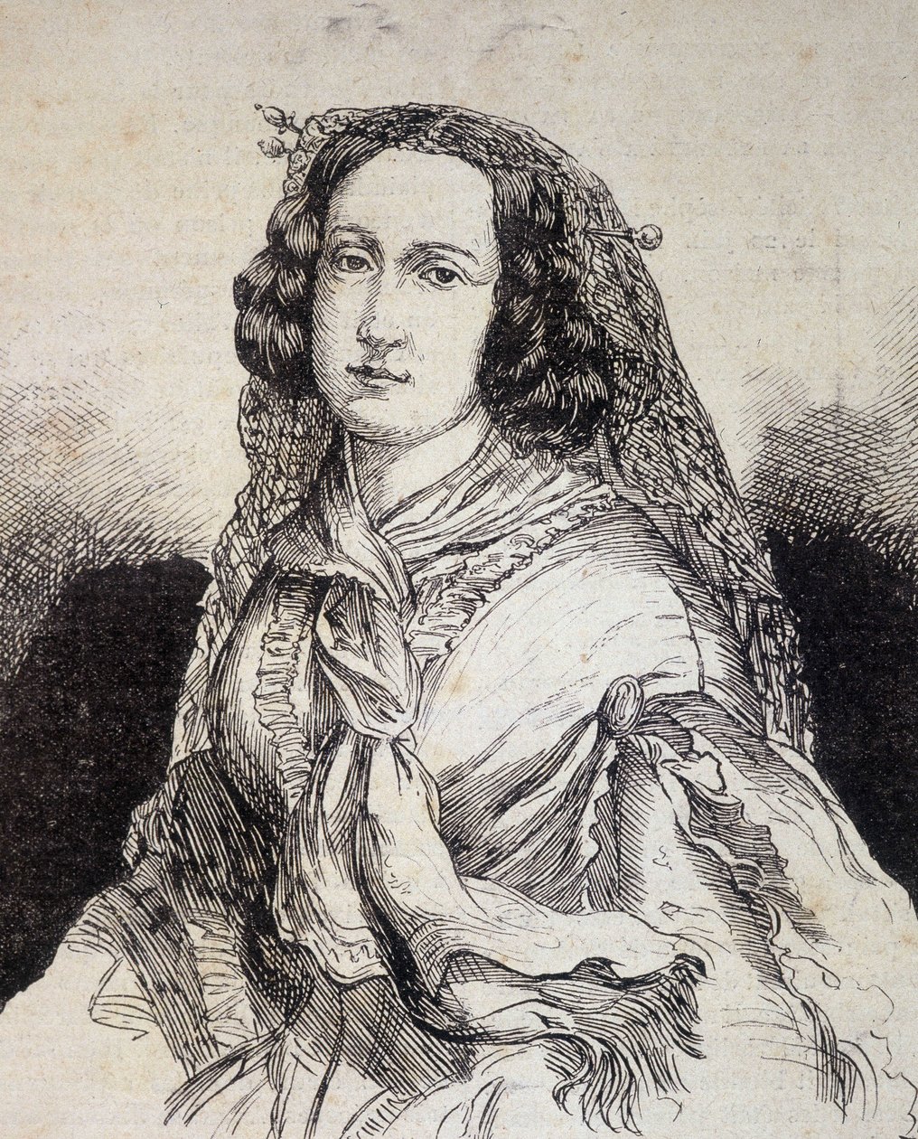 フランスの作家、マダム・マルセーヌ・デボルド・ヴァルモア(Desbordes Valmore)(1786 - 1859)の肖像 - 「Les Contemporains」に掲載、n.d. 19世紀後半。 作： 無名の画家