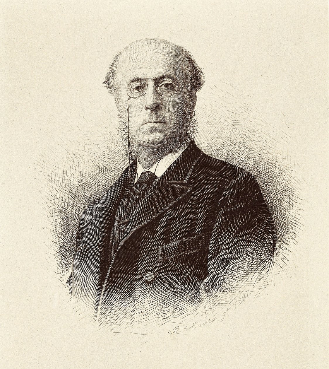 スペインの政治家Manuel SILVELA Y LA VIELLEUZE (1830-1892)の肖像。マドリード国立図書館のエングレーヴィング。 作： 無名の画家