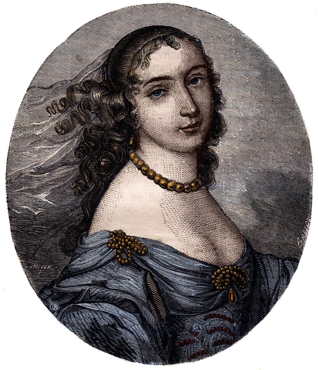 マルグリット・ヘッセイン（マダム・ド・ラ・サブリエ（1636-1693））の肖像。19世紀のエングレーヴィング。 作： 無名の画家