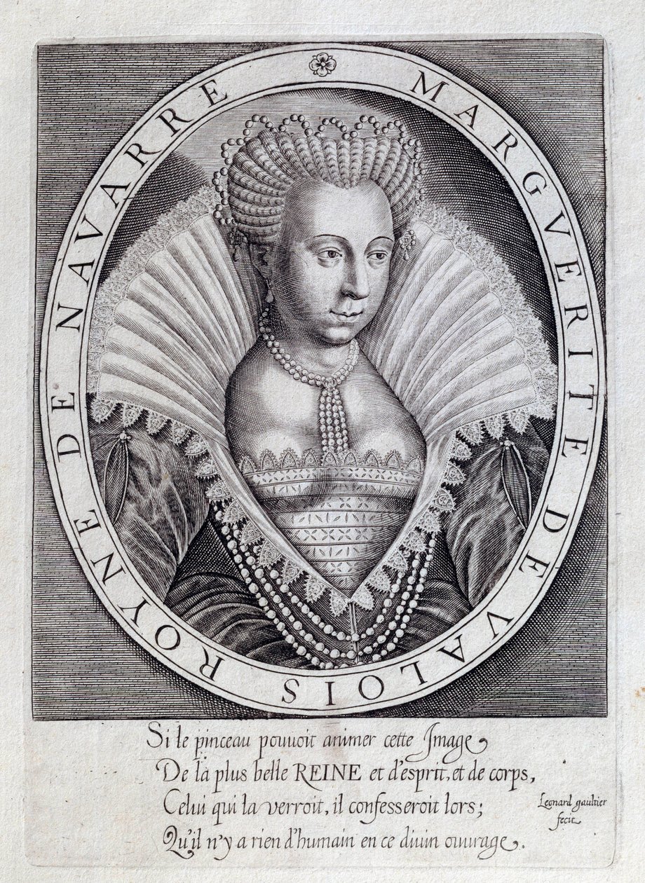 マルゴット王妃ことマルグリット・ド・ヴァロワ（1553-1615）の肖像。16世紀のエングレーヴィング。ポー、シャトー美術館 作： 無名の画家