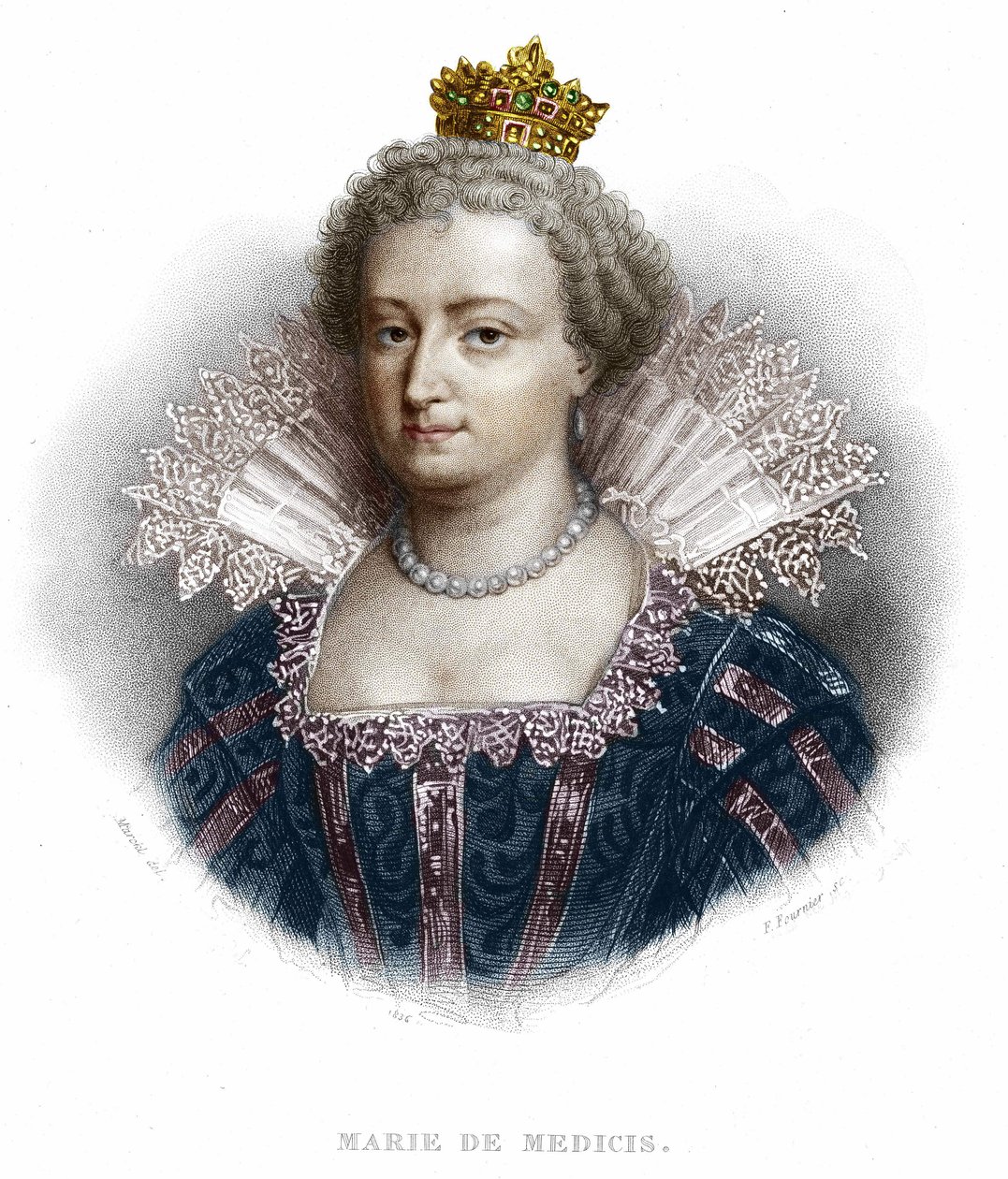 ヘンリー4世の妻であり、ルイ13世の母であるメディチ家のメアリー（1573年～1642年）の肖像。1836年のエングレーヴィング 作： 無名の画家