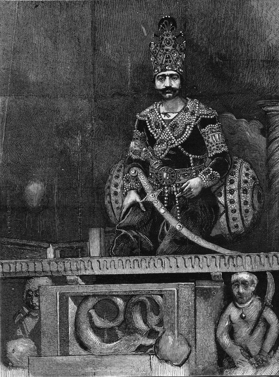 ナシル・アル・ディン（Nasser al Din）（1831-1896）ペルシャのシャーが玉座に座っている肖像。 作： 無名の画家