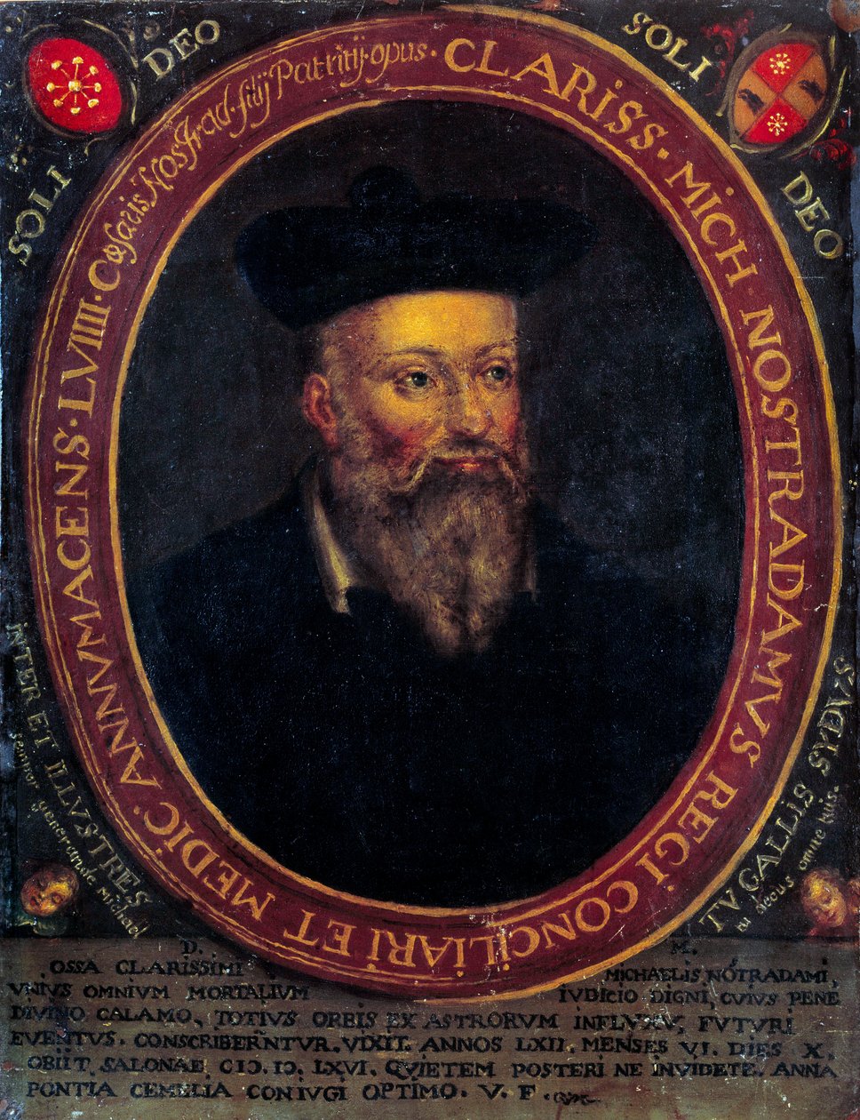 ノストラダムスの肖像、ミシェル・ド・ノートルダム（1503 - 1566）フランスの占星術師、医師。銅版画 作： 無名の画家