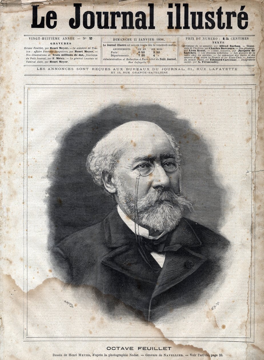 フランスの小説家、劇作家、学者であるオクターヴ・フィーユ（1821-1890）の肖像 - 1891年の「Le journal illustrious」誌に掲載されたエングレーヴィング。 作： 無名の画家