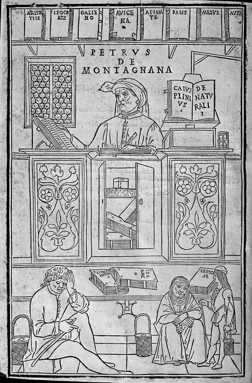 ギリシャ語やアラビア語の医学書に囲まれたパドヴァ人の医学教師と、尿検査を待つ3人の患者、ピエトロ・ダ・モンタニャーナの肖像。 作： 無名の画家
