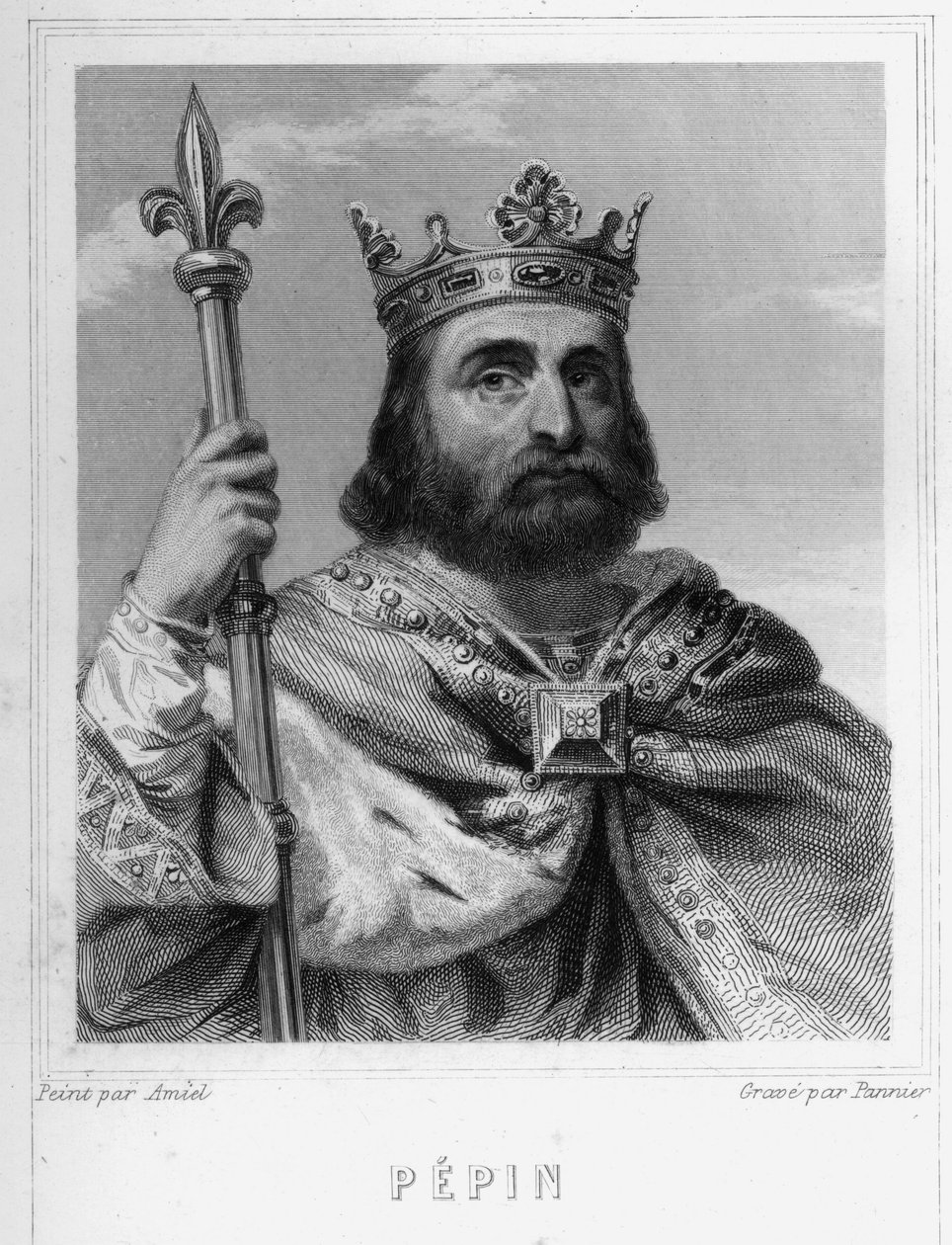 カロリング王朝の初代フランク王ペパン・ル・ブリーフ（714〜768年）の肖像 - ラヴァレの『Histoire des Français』に掲載されている、エングレーヴィング、sd. 作： 無名の画家